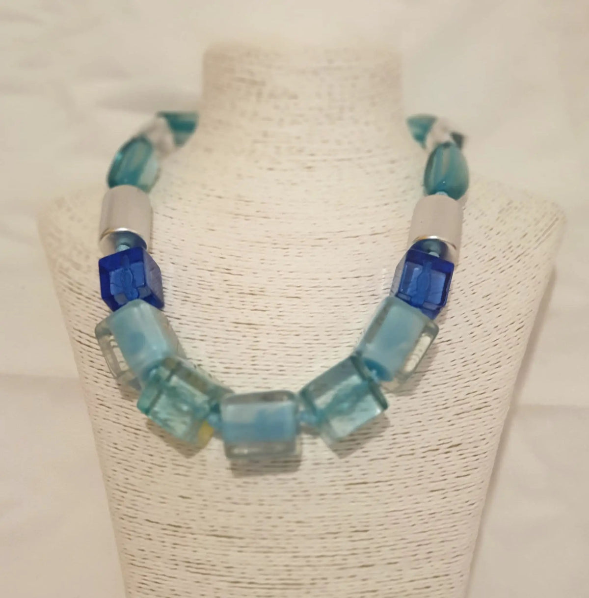 Blue, Teal, Clear Acrylic And Silver Tone Necklace by Clarissas Boutique