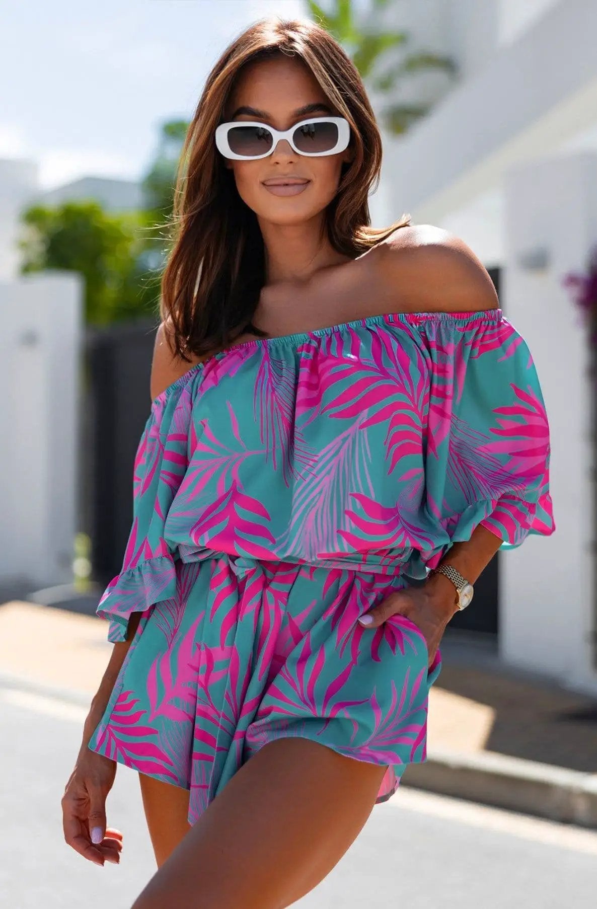 Florrie Bardot Floral Frill Playsuit - Pink by Clarissas Boutique London