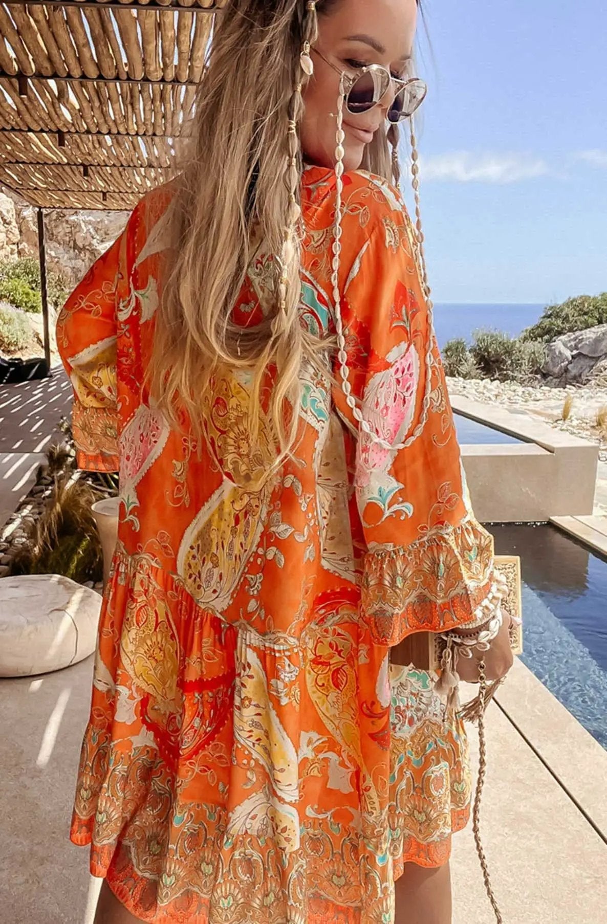 Kira - Oversized Abstract Floral Tunic Dress Orange/Yellow by Clarissas Boutique London