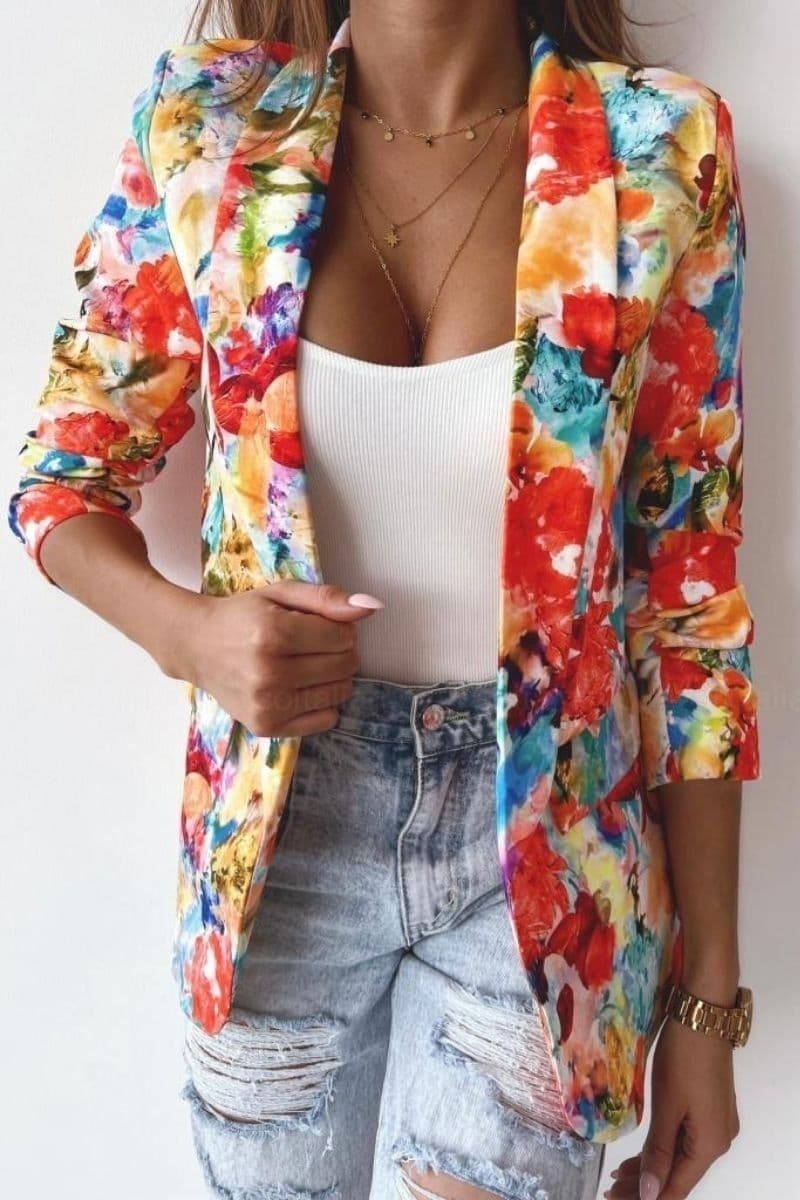 Orange Floral Lapel Detail Ruched Sleeve Blazer by Clarissas Boutique London