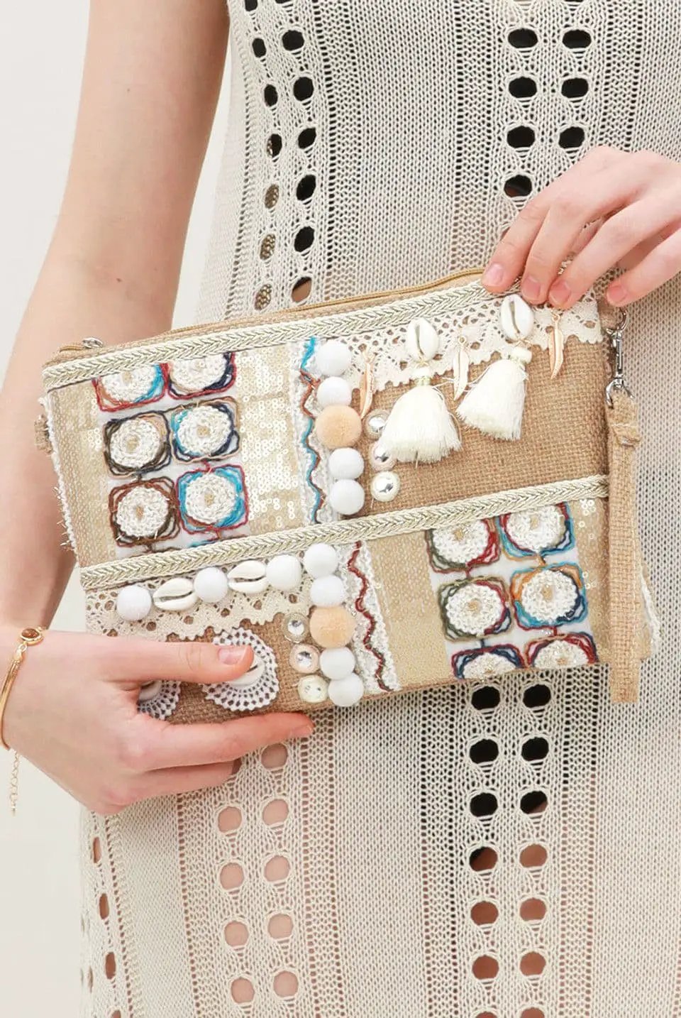Shell Detail Nude Boho Clutch Bag by Clarissas Boutique