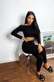 Trixie Black Woven Knitted Off The Shoulder Co-ord Lounge Set by Clarissas Boutique London
