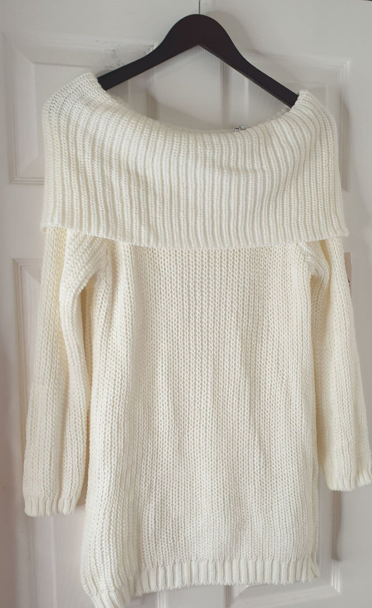 White Off -The Shoulder Knitted Jumper Dress. by Clarissas Boutique