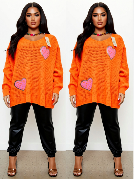 Bold & Bright Sunset Orange Oversized Heart Mesh Knit Jumper