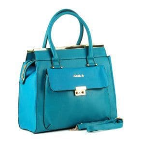 Blueberry Luxe Sally Young Tote Bag in blue with structured silhouette, front pocket, gold lock, and detachable strap.