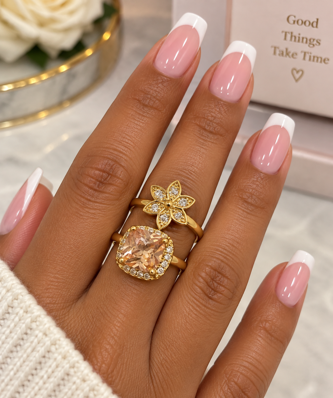 Champagne Glow Gold Plated Ring | Floral & Cushion Cut PRECIOSA Crystal Statement Ring by Clarissas Boutique London