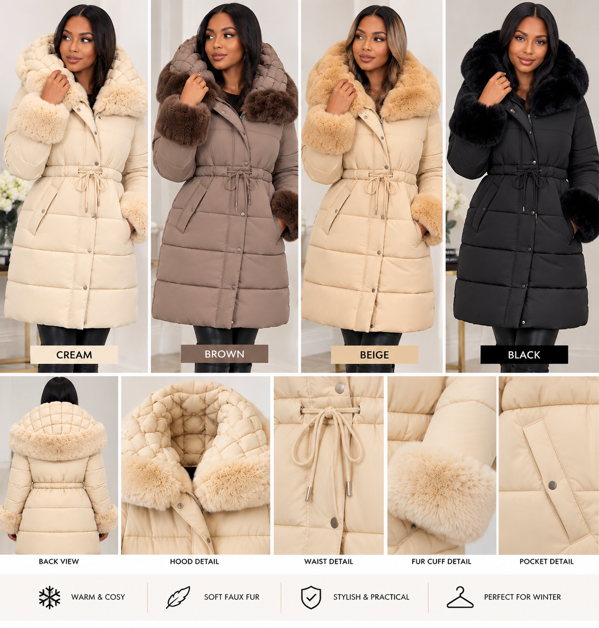Clarissas Boutique Cream Faux Fur Trim Drawstring Coat — Luxury Winter Outerwear by Clarissas Boutique London