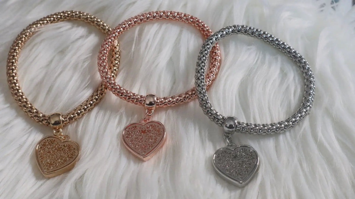 3 - Heart Charm Elasticated Bracelets by Clarissas Boutique London