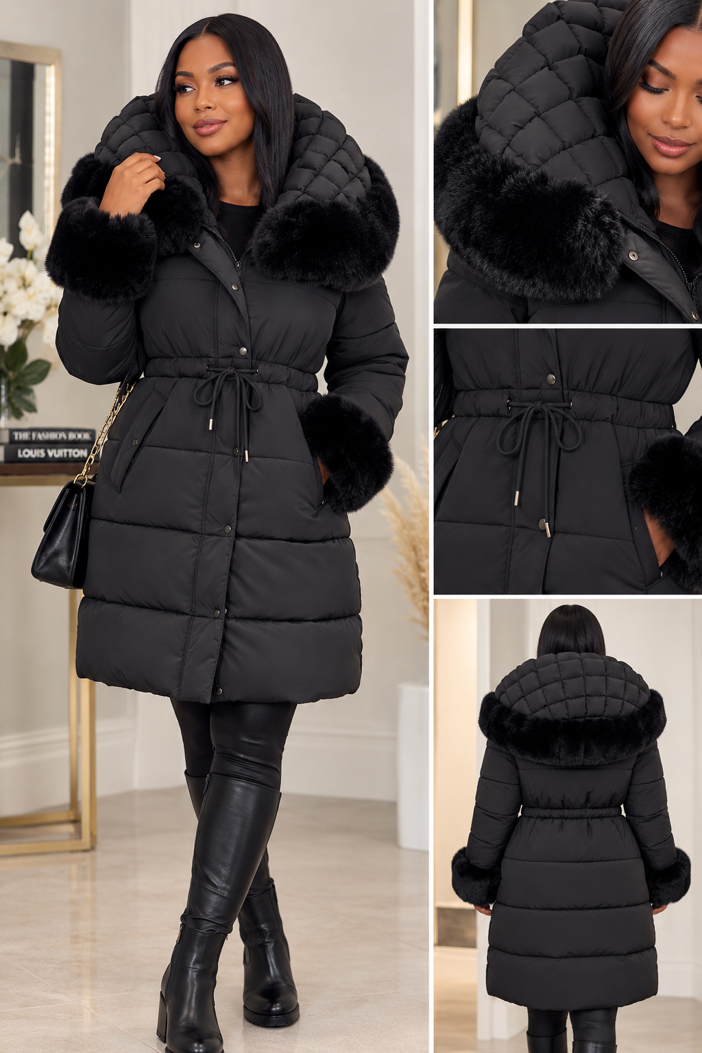 Clarissas Boutique Cream Faux Fur Trim Drawstring Coat — Luxury Winter Outerwear by Clarissas Boutique London