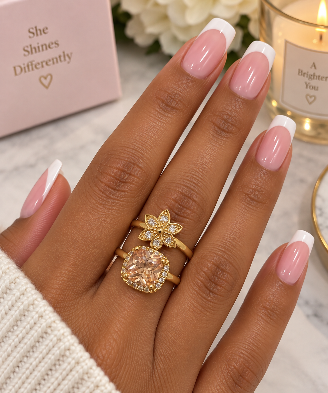 Champagne Glow Gold Plated Ring | Floral & Cushion Cut PRECIOSA Crystal Statement Ring by Clarissas Boutique London