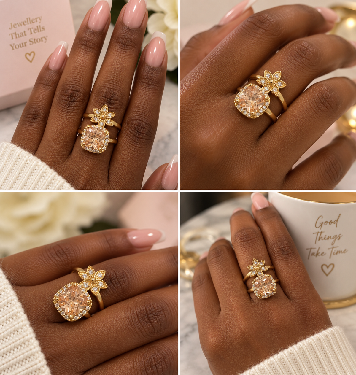 Champagne Glow Gold Plated Ring | Floral & Cushion Cut PRECIOSA Crystal Statement Ring by Clarissas Boutique London
