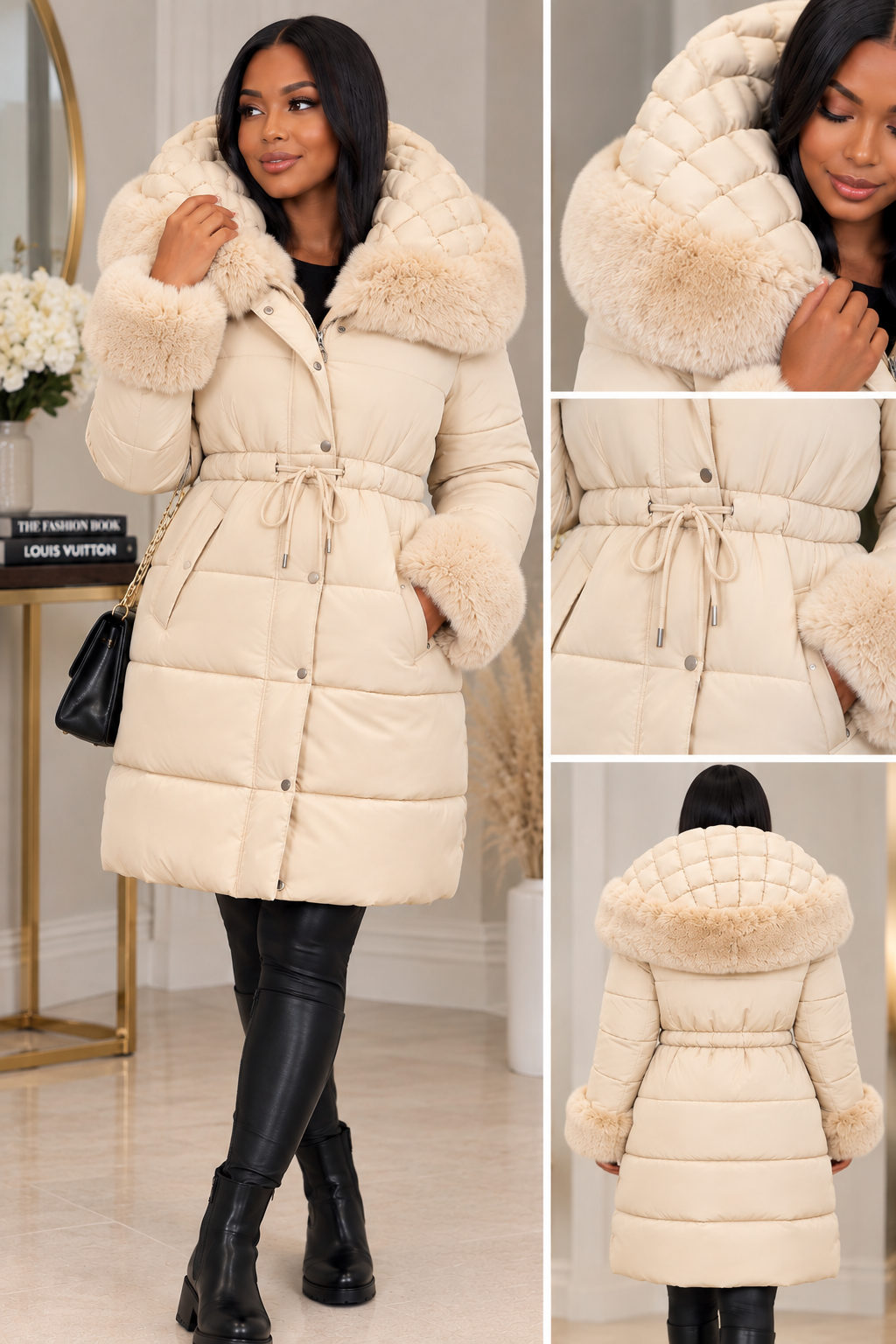 Clarissas Boutique Cream Faux Fur Trim Drawstring Coat — Luxury Winter Outerwear by Clarissas Boutique London