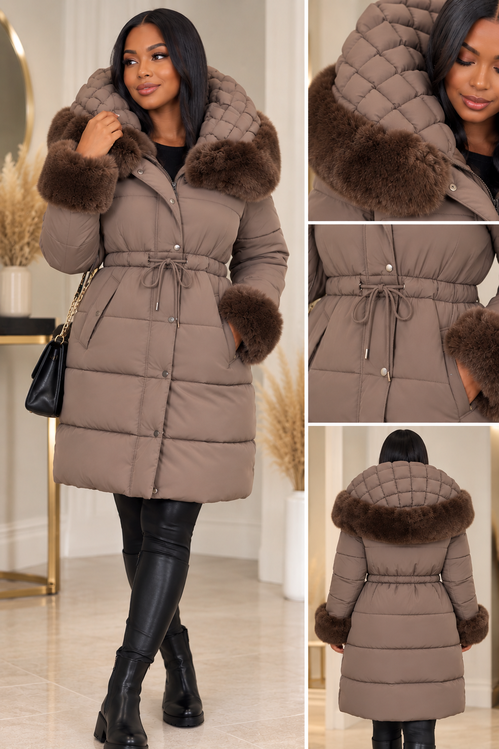 Clarissas Boutique Cream Faux Fur Trim Drawstring Coat — Luxury Winter Outerwear by Clarissas Boutique London