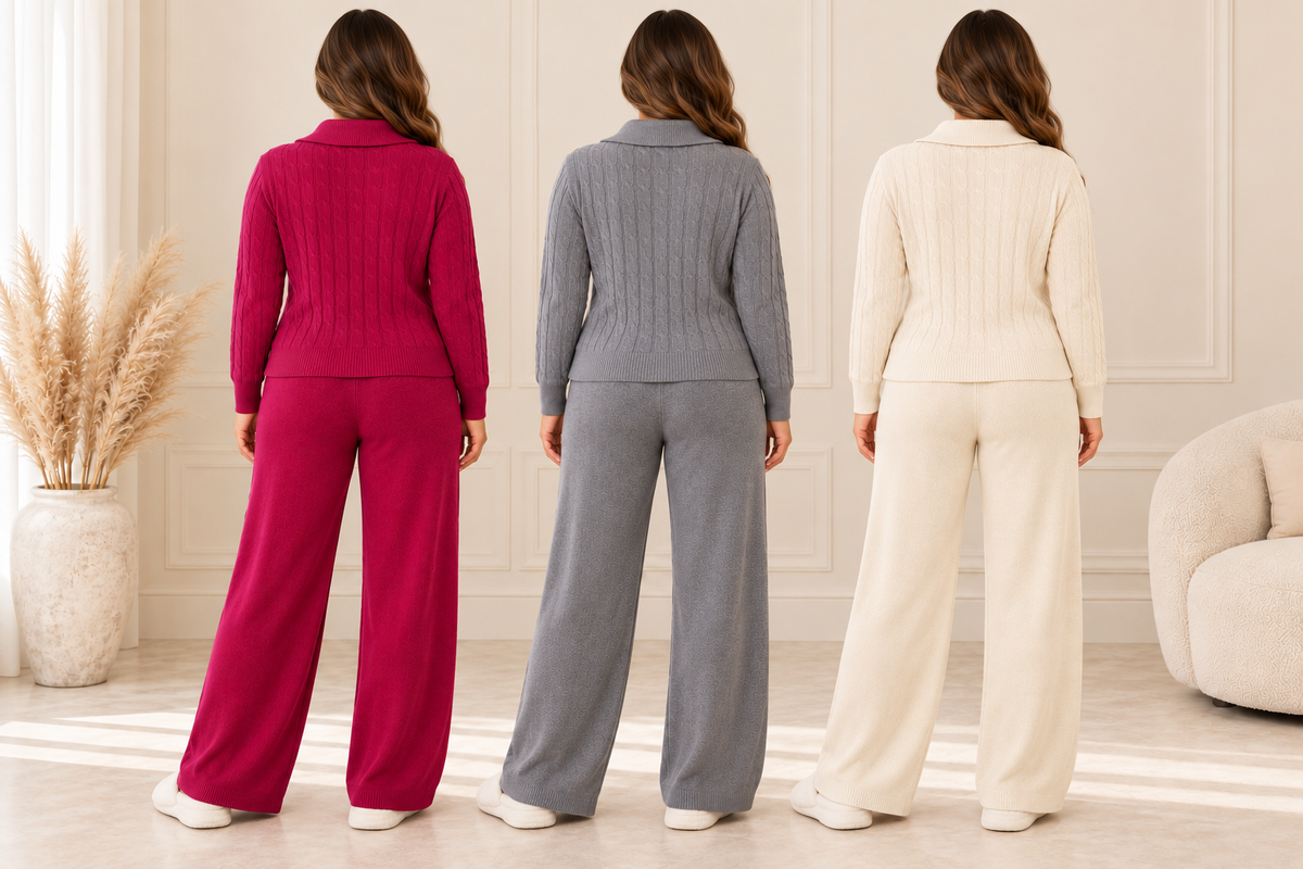 Women's Cable Knit Loungewear Set With Gold Buttons & Wide - Leg Trousers by Clarissas Boutique London
