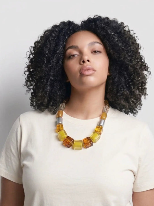 Bold Chunky Amber & Yellow Cube Statement Necklace Retro Modern Design by Clarissas Boutique