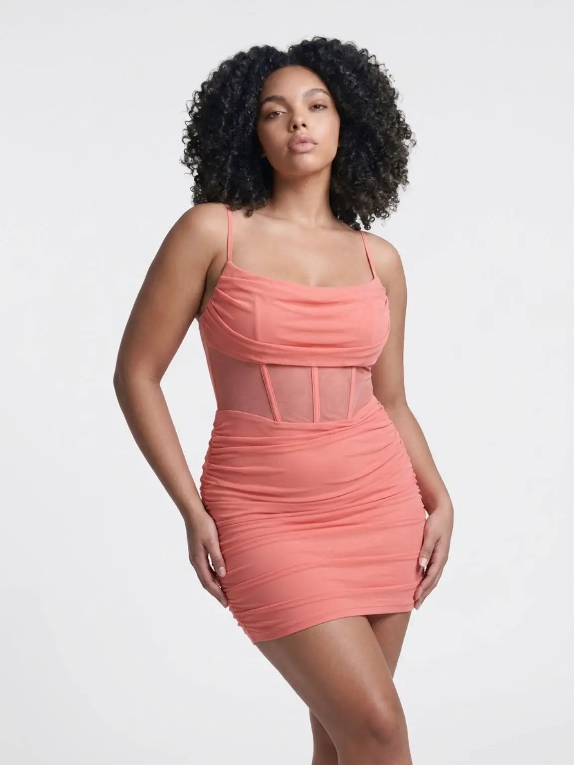 Coral Mesh Corset Detail Rushed Mini Dress-Figure Hugging Design by Clarissas Boutique London