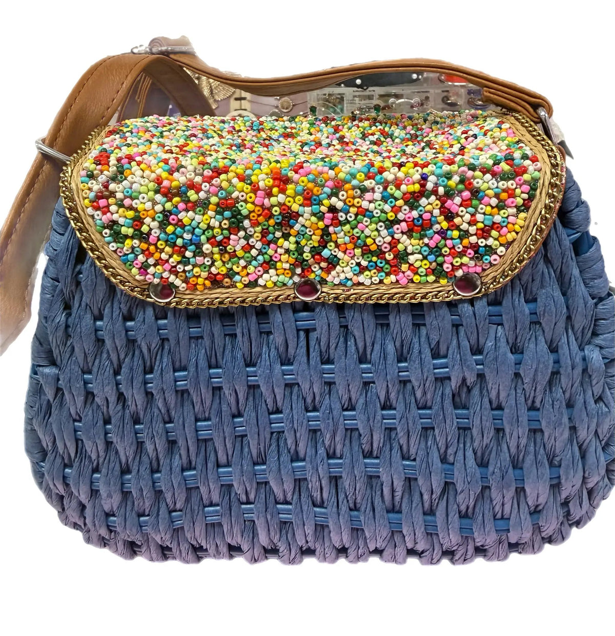 Boho Artisan Beaded Woven Crossbody Bag Azure Blue by Clarissas Boutique London
