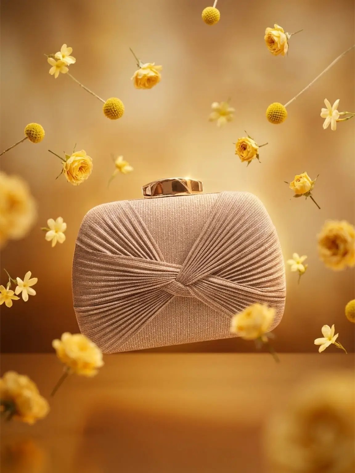 Champagne Gold Pleated Hardcase Clutch Bag by Clarissas Boutique London