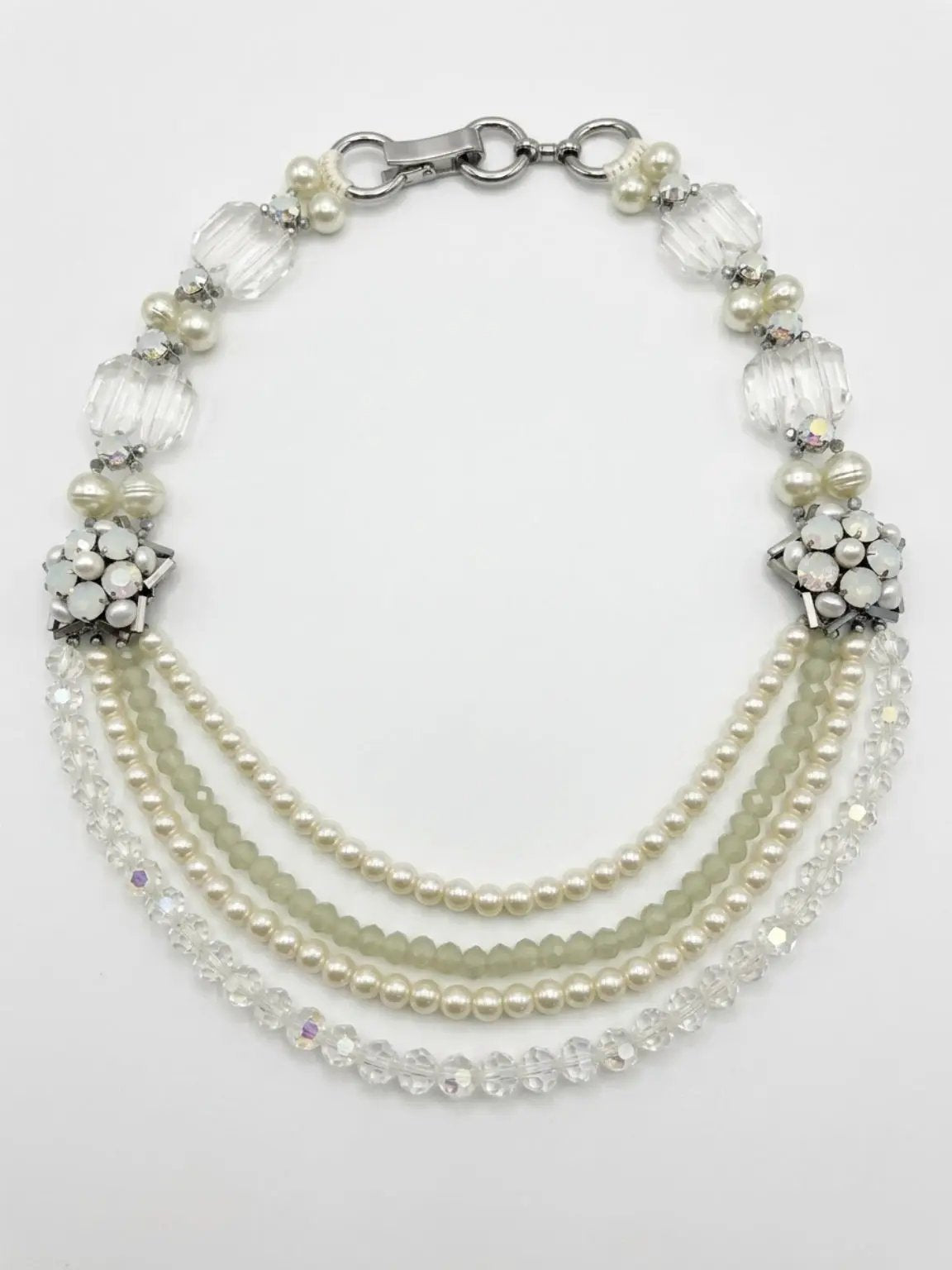 Vintage Pearl & Crystal Multi - Strand Statement Necklace Soft Green Accents by Micheal Waterman