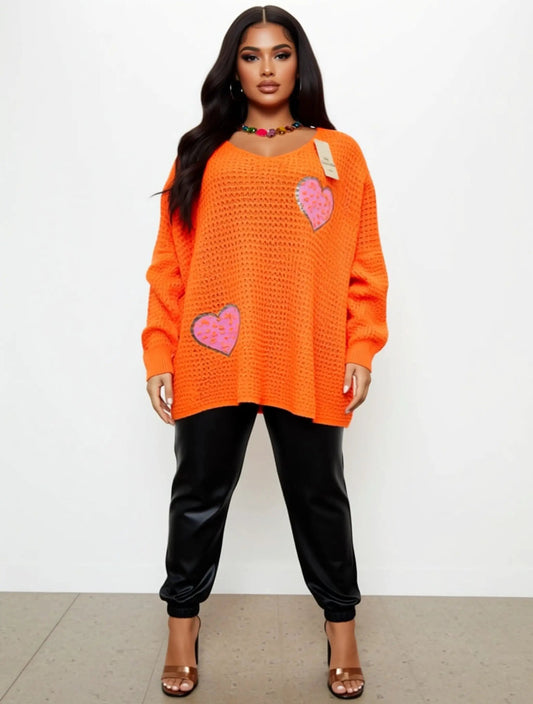 Sunset Orange Oversize Heart Mesh Knit Jumper by Clarissas Boutique London