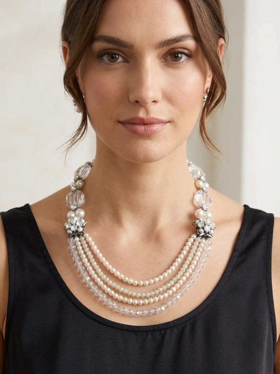 Vintage Pearl & Crystal Multi - Strand Statement Necklace Soft Green Accents by Micheal Waterman
