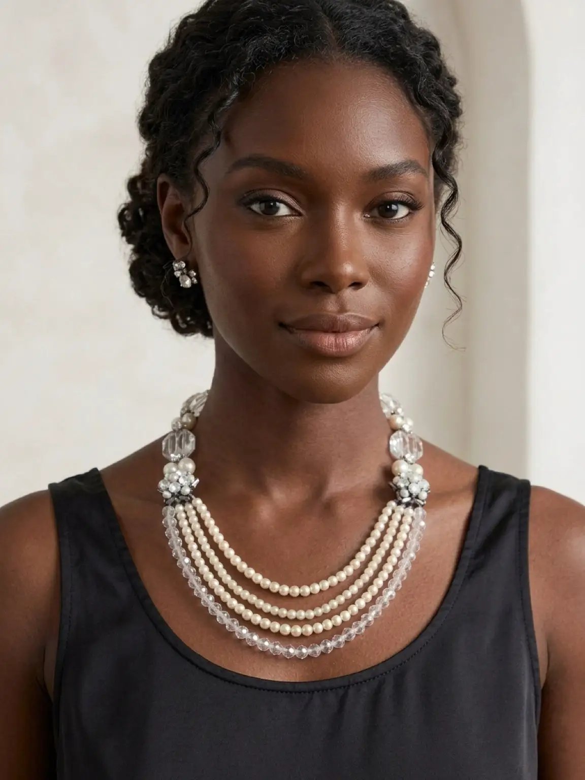 Vintage Pearl & Crystal Multi - Strand Statement Necklace Soft Green Accents by Micheal Waterman