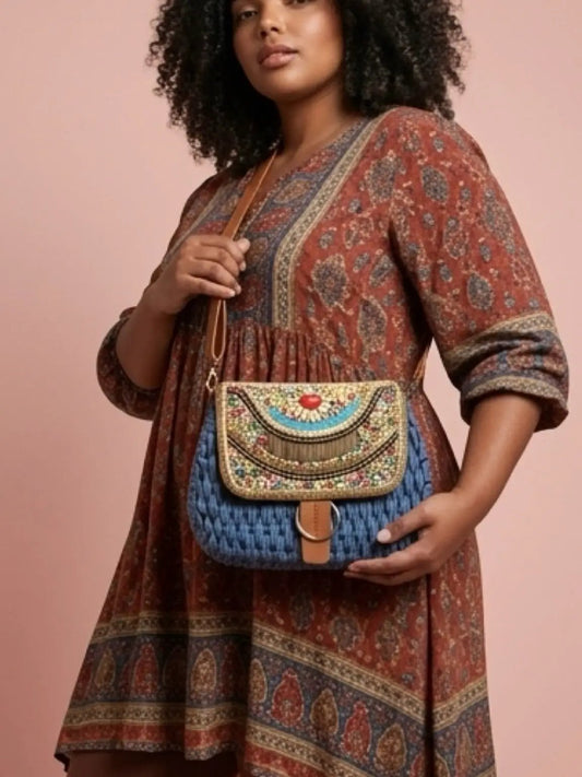 Boho Artisan Beaded Woven Crossbody Bag Azure Blue by Clarissas Boutique London