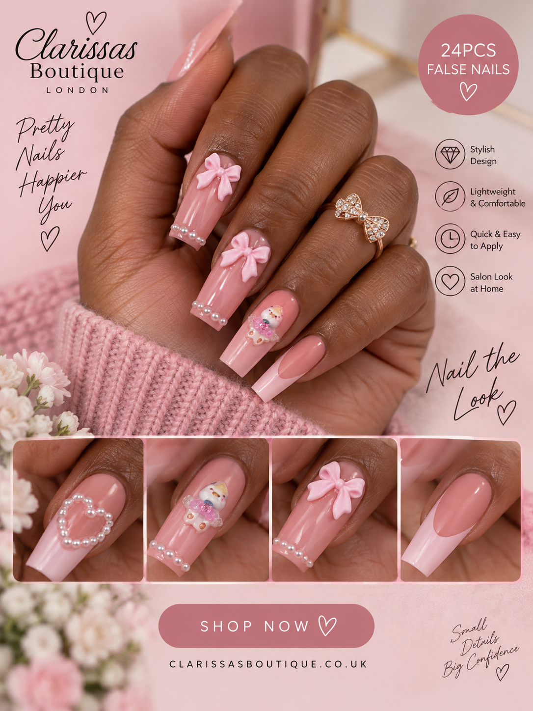 Pink Bow Unicorn Press On Nails 24 Piece 3D French Tip False Nails by Clarissas Boutique London