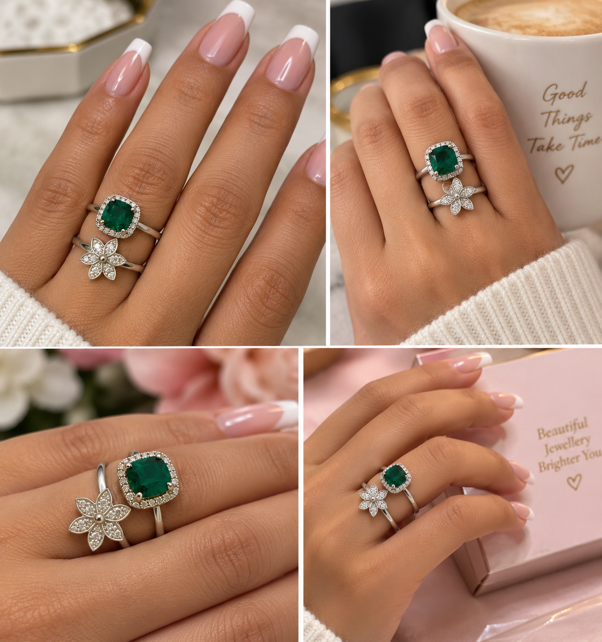 Emerald Green PRECIOSA Crystal Floral Halo Ring — Split-Band Design by Clarissas Boutique London