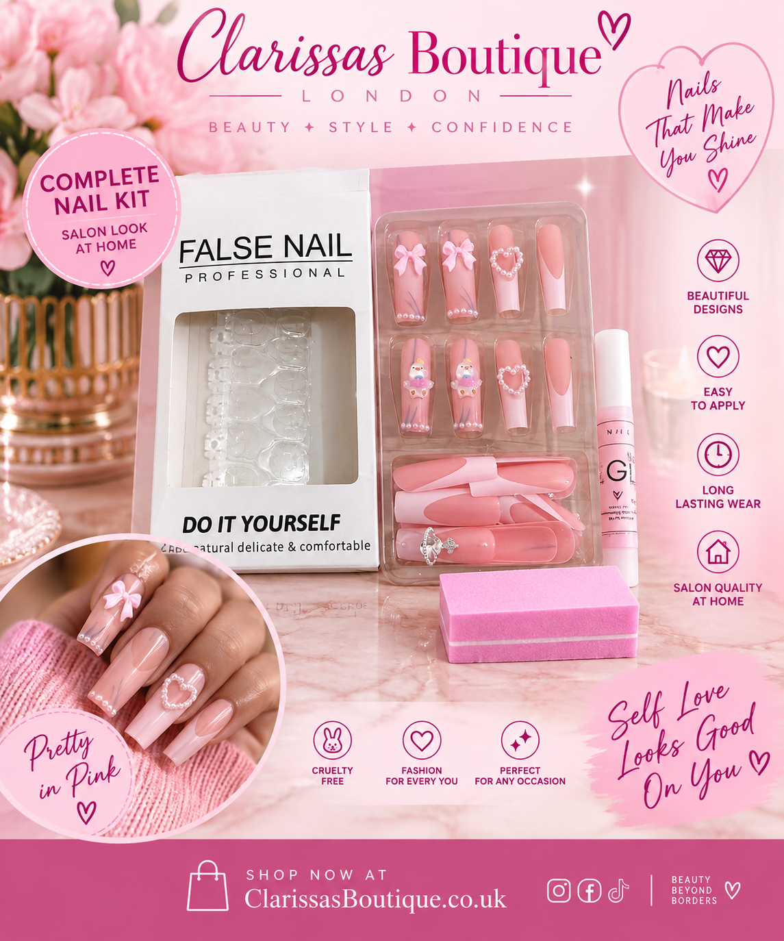 Pink Bow Unicorn Press On Nails 24 Piece 3D French Tip False Nails by Clarissas Boutique London