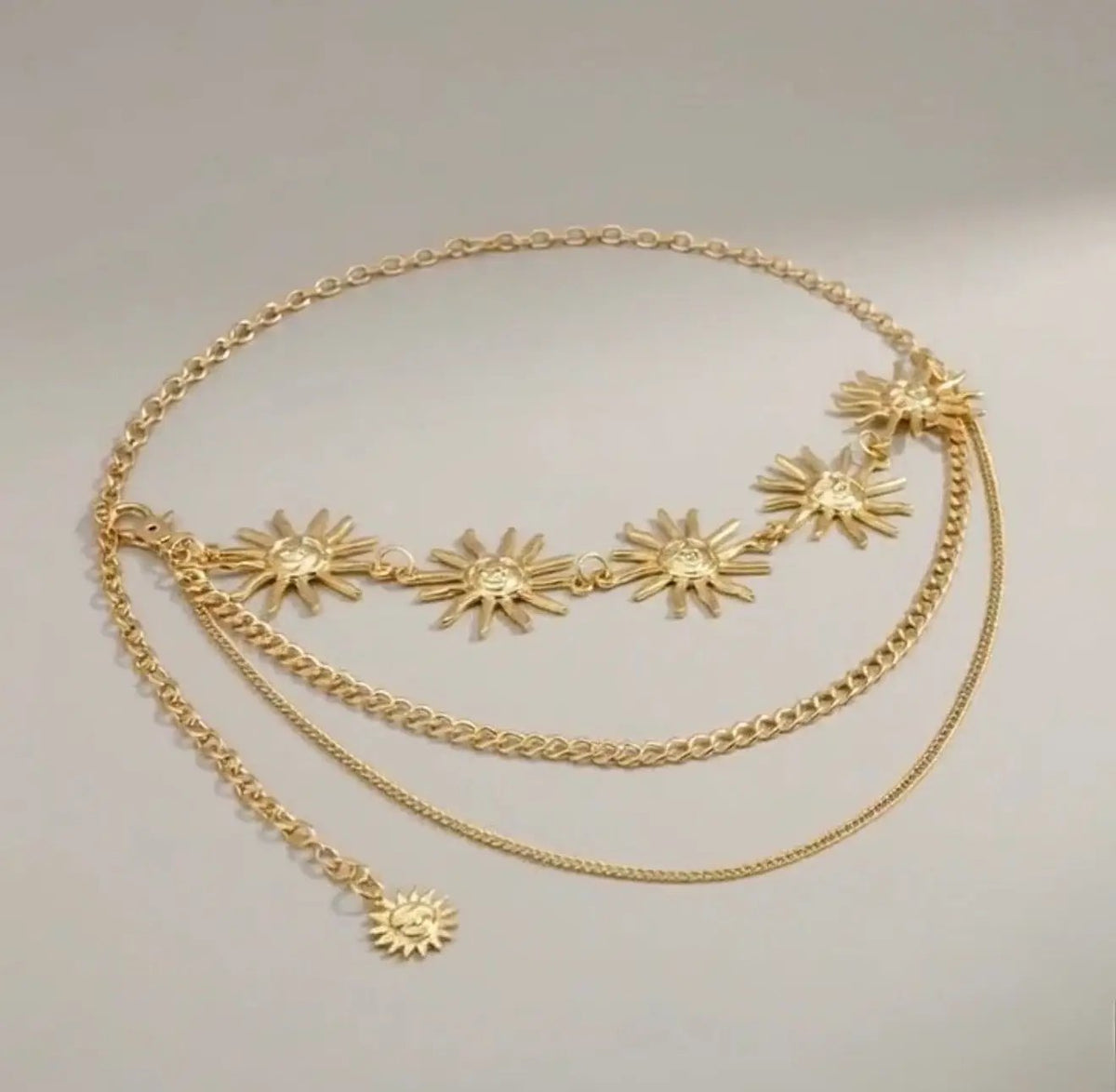 Gold Tone Celestial Sun Charm Layered Chain Waist Belt for Women by Clarissas Boutique London
