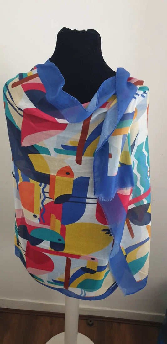 Abstract Toucan Bird Print Frayed Scarf by Clarissas Boutique
