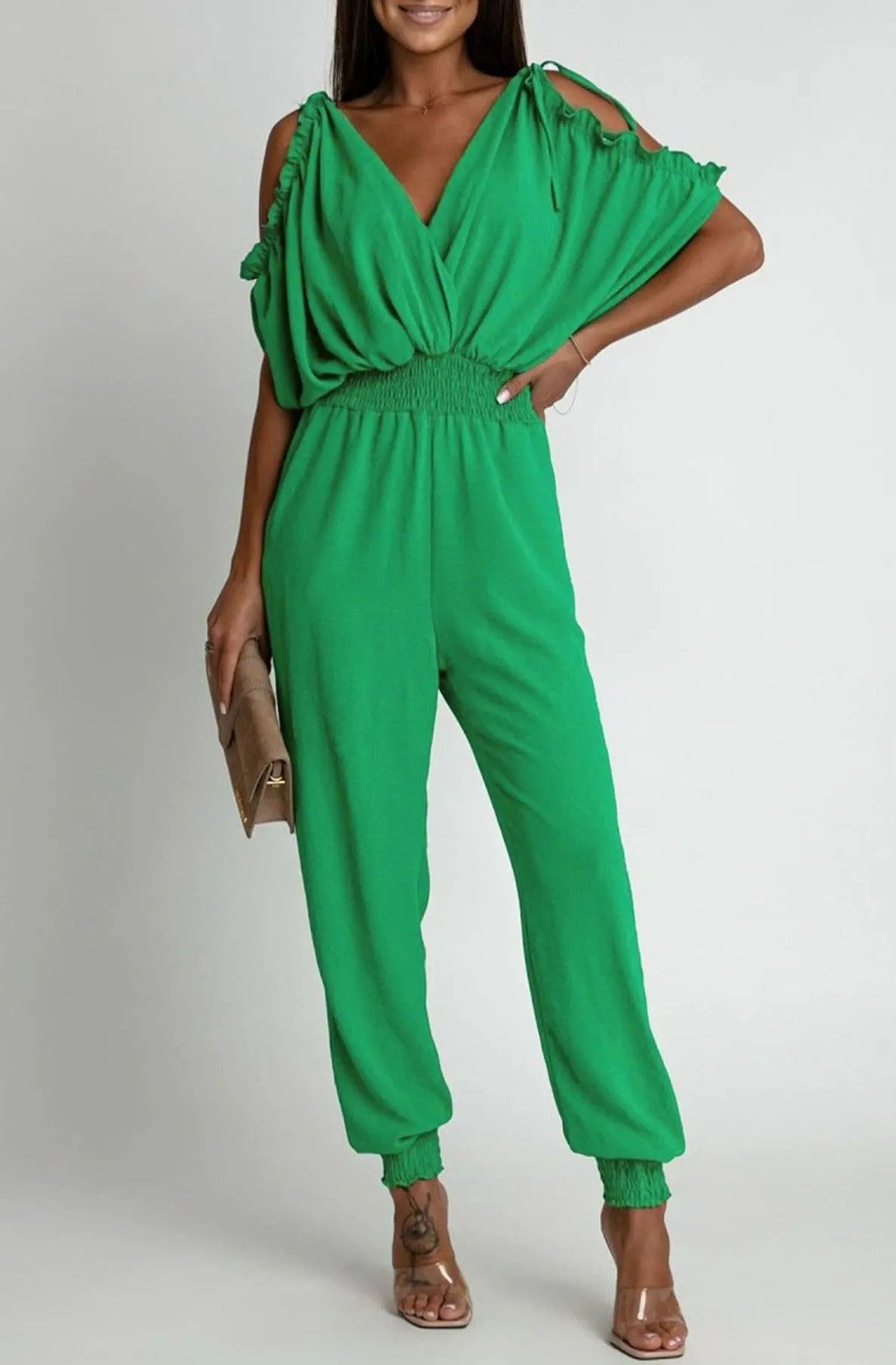 Azeila Cold Shoulder Jumpsuit - Green by Clarissas Boutique London