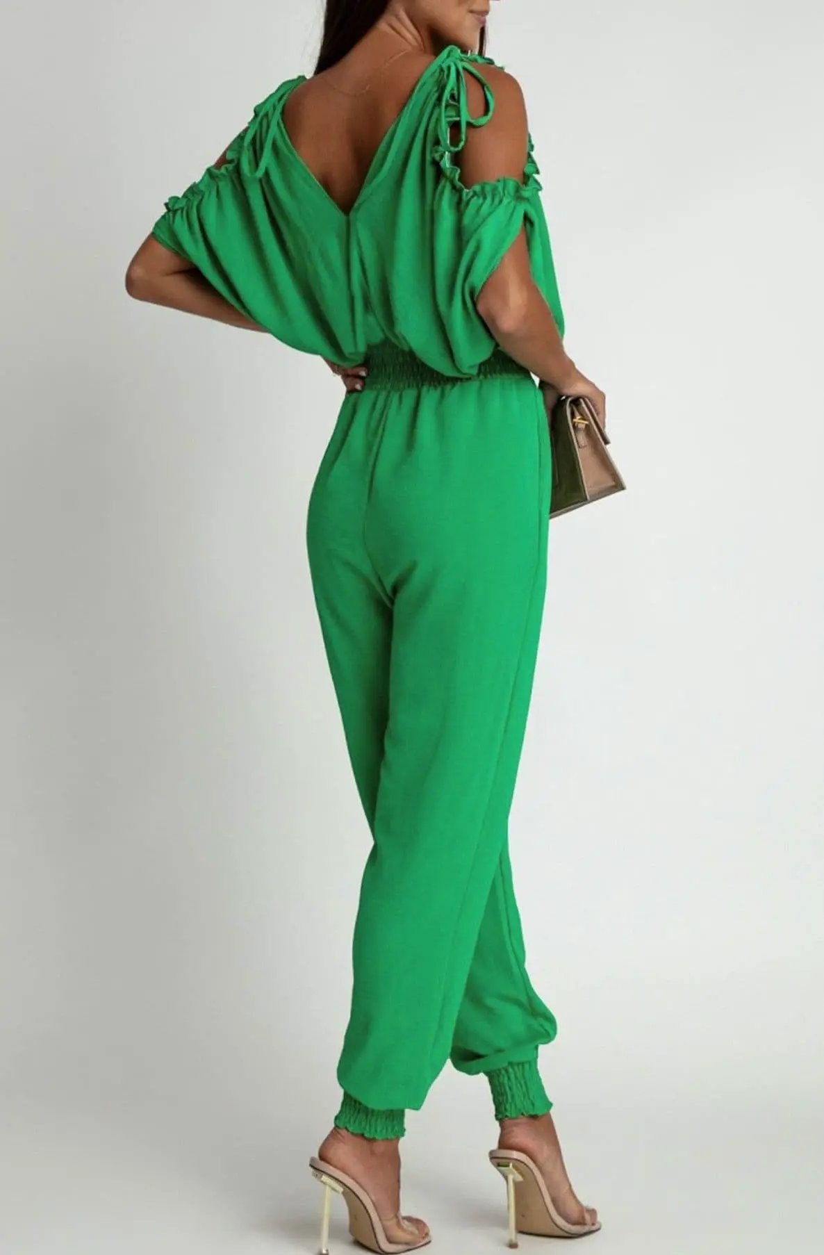 Azeila Cold Shoulder Jumpsuit - Green by Clarissas Boutique London