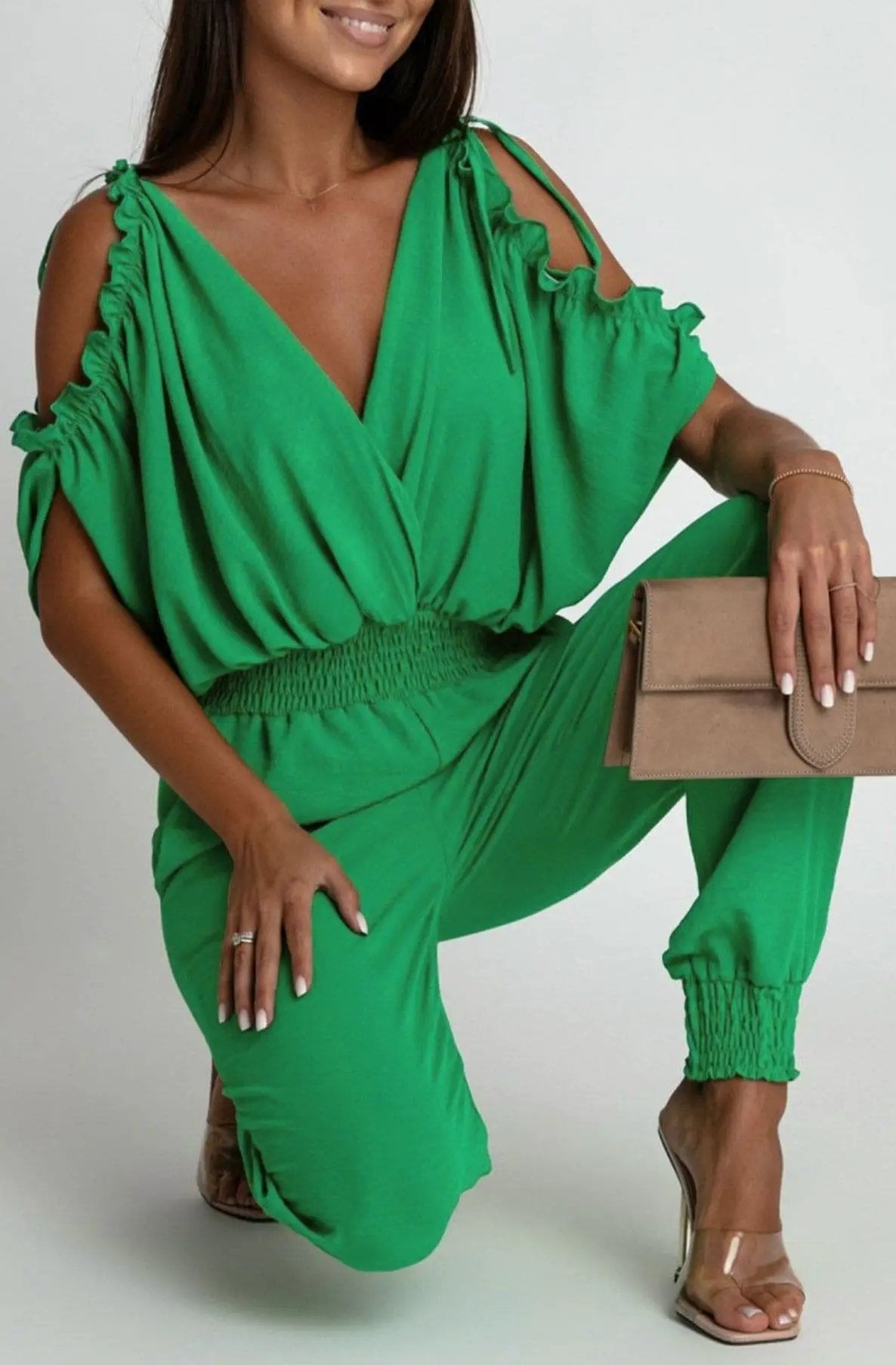 Azeila Cold Shoulder Jumpsuit - Green by Clarissas Boutique London