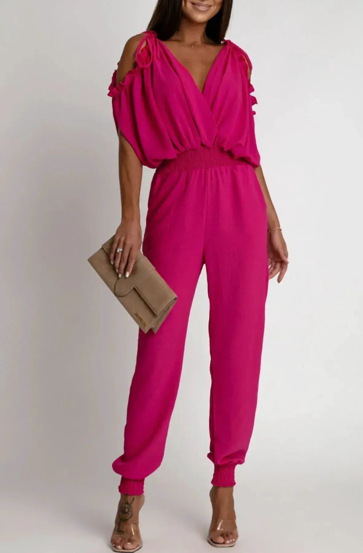 Azeila Cold Shoulder Jumpsuit -Hot Pink by Clarissas Boutique London