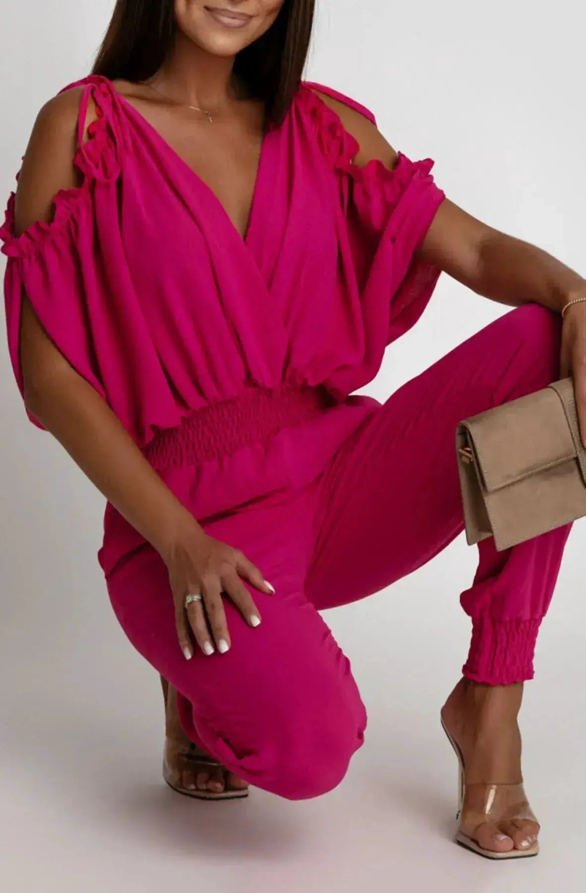 Azeila Cold Shoulder Jumpsuit -Hot Pink by Clarissas Boutique London