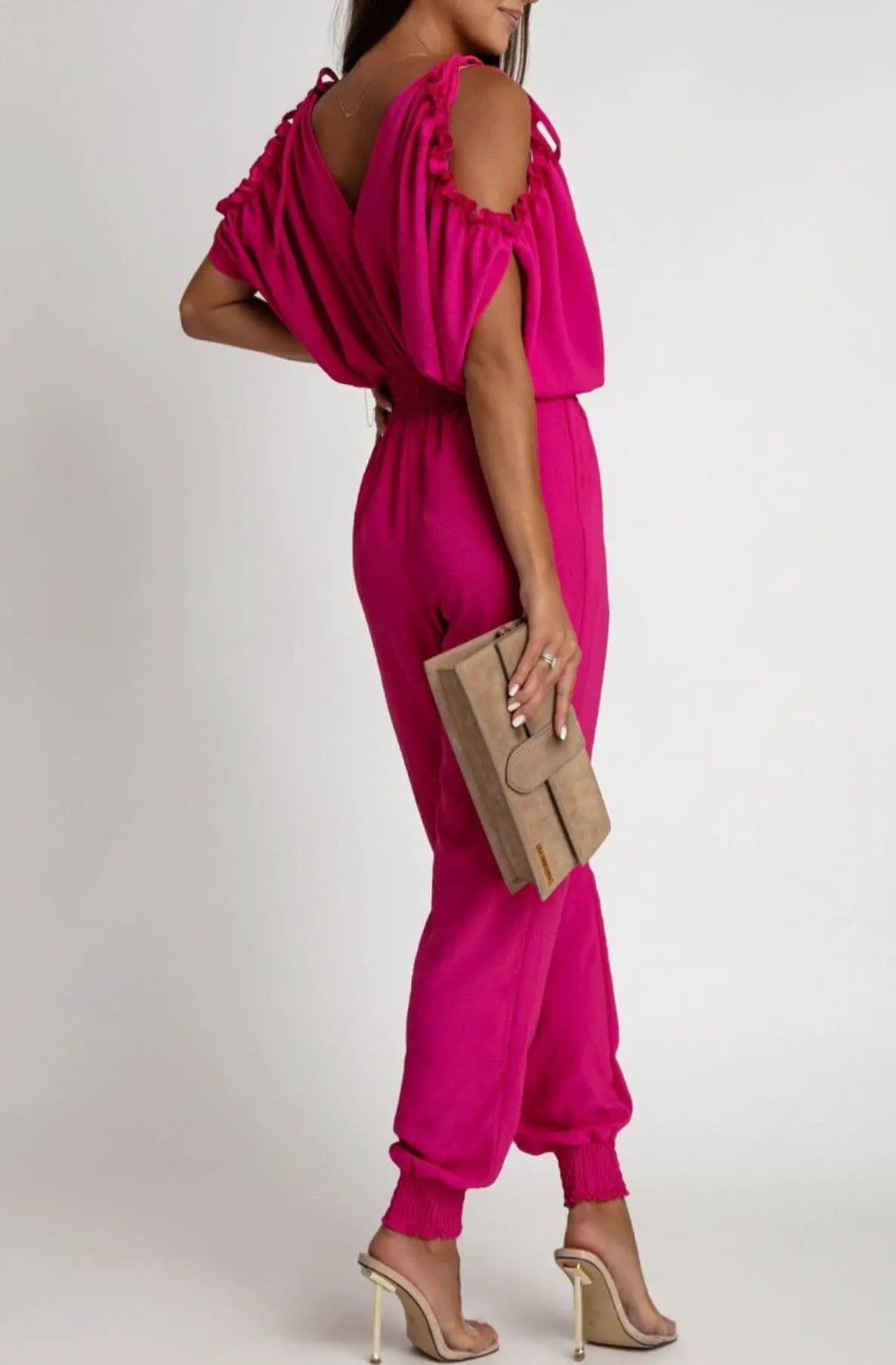 Azeila Cold Shoulder Jumpsuit -Hot Pink by Clarissas Boutique London