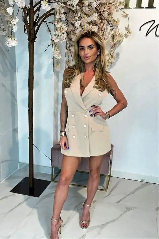 Beige Sleeveless Military Button Blazer Playsuit by Clarissas Boutique London