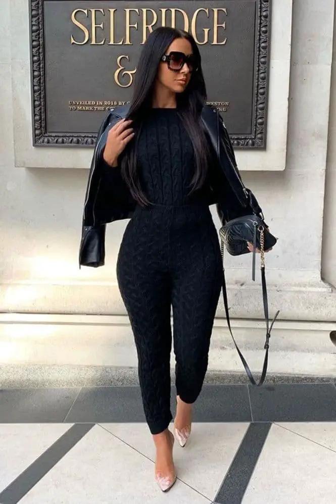 Black Cable Knit Jogger Lounge Set by Clarissas Boutique London