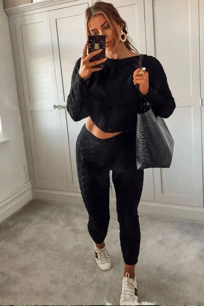 Black Cable Knit Jogger Lounge Set by Clarissas Boutique London