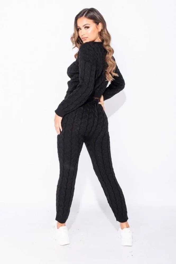Black Cable Knit Jogger Lounge Set by Clarissas Boutique London