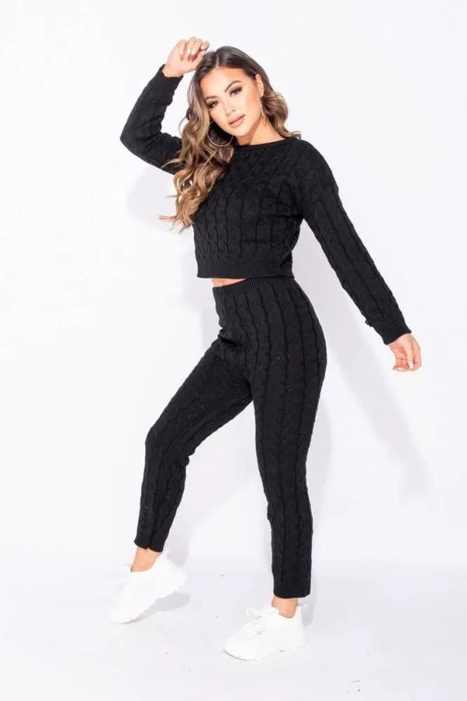 Black Cable Knit Jogger Lounge Set by Clarissas Boutique London