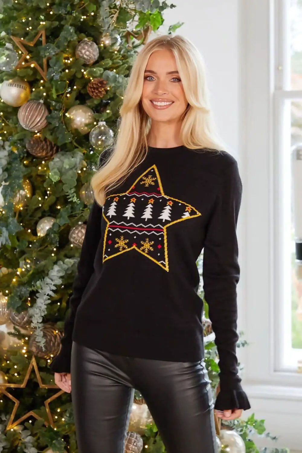 Black Reindeer Fairisle Star Neck Christmas Jumper by Clarissas Boutique London