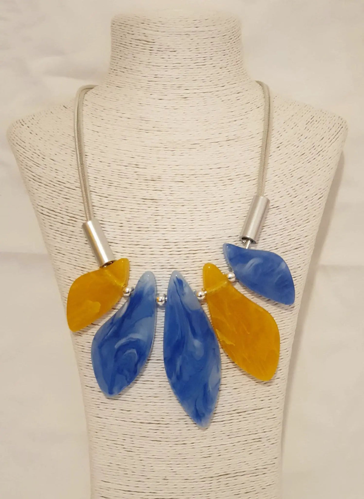 Blue And Yellow Acrylic With Silver Tone Necklace by Clarissas Boutique