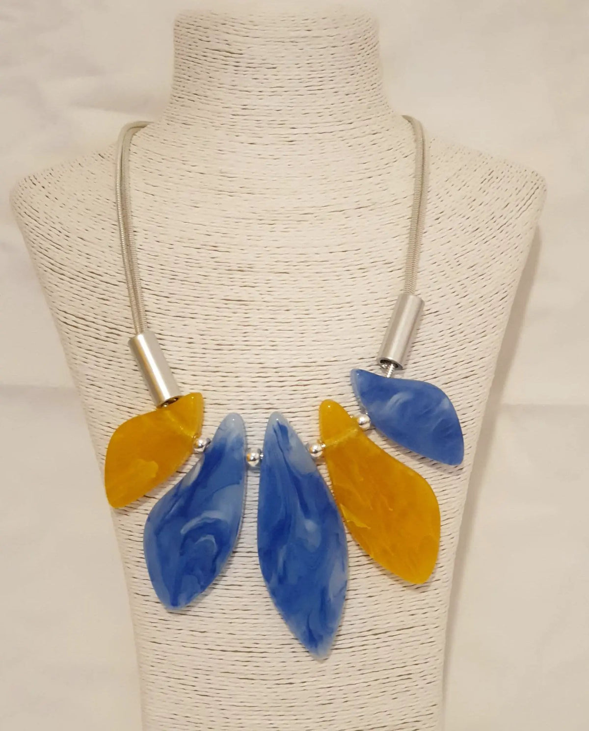 Blue And Yellow Acrylic With Silver Tone Necklace by Clarissas Boutique