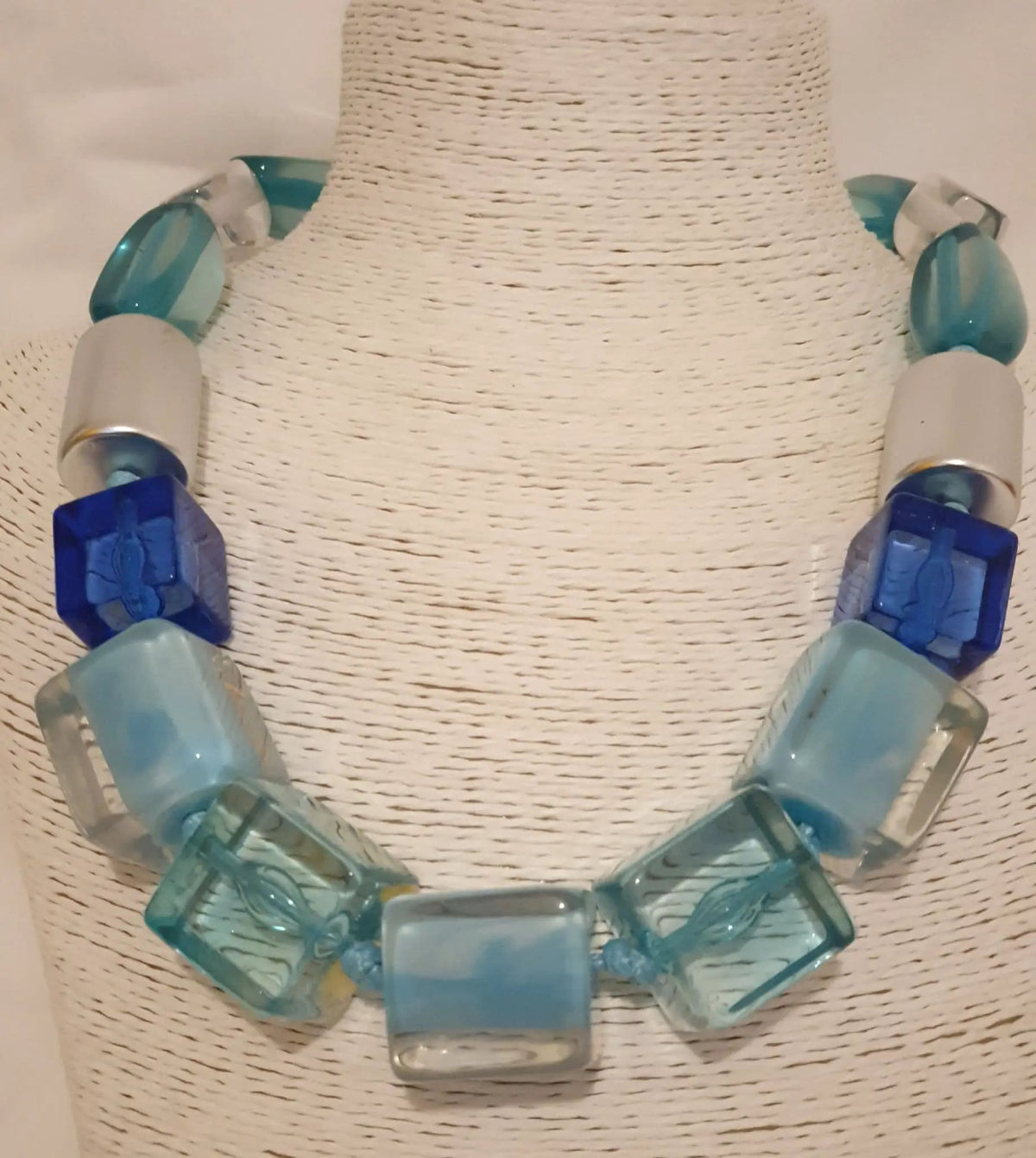 Blue, Teal, Clear Acrylic And Silver Tone Necklace by Clarissas Boutique