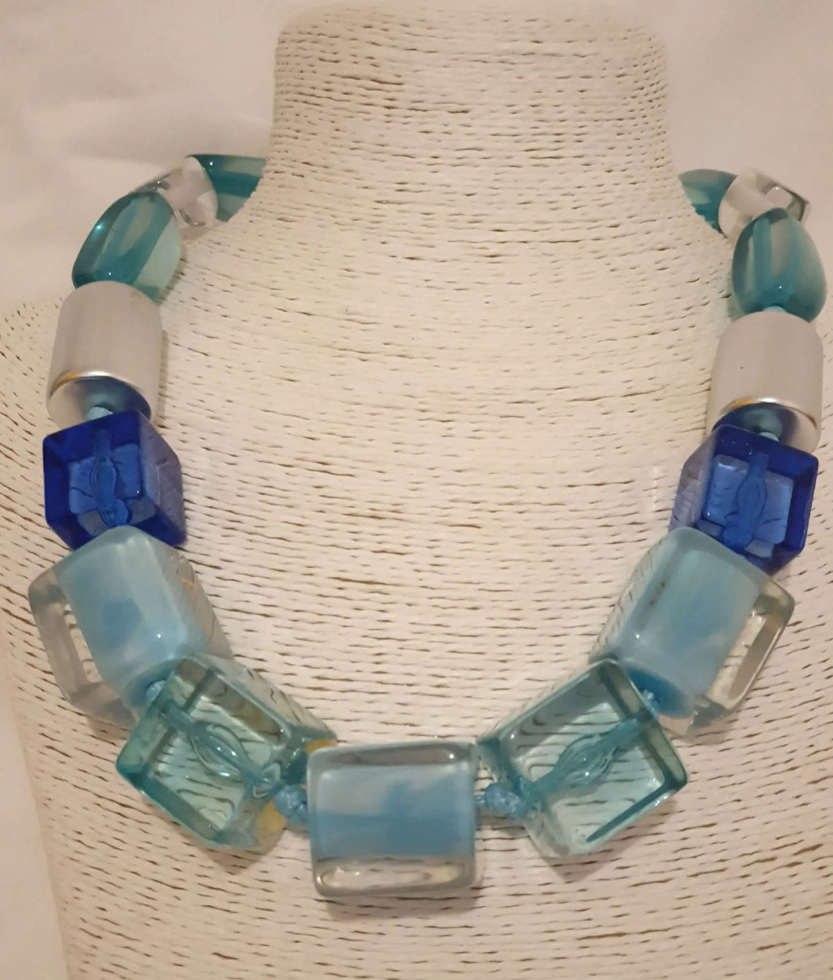 Blue, Teal, Clear Acrylic And Silver Tone Necklace by Clarissas Boutique