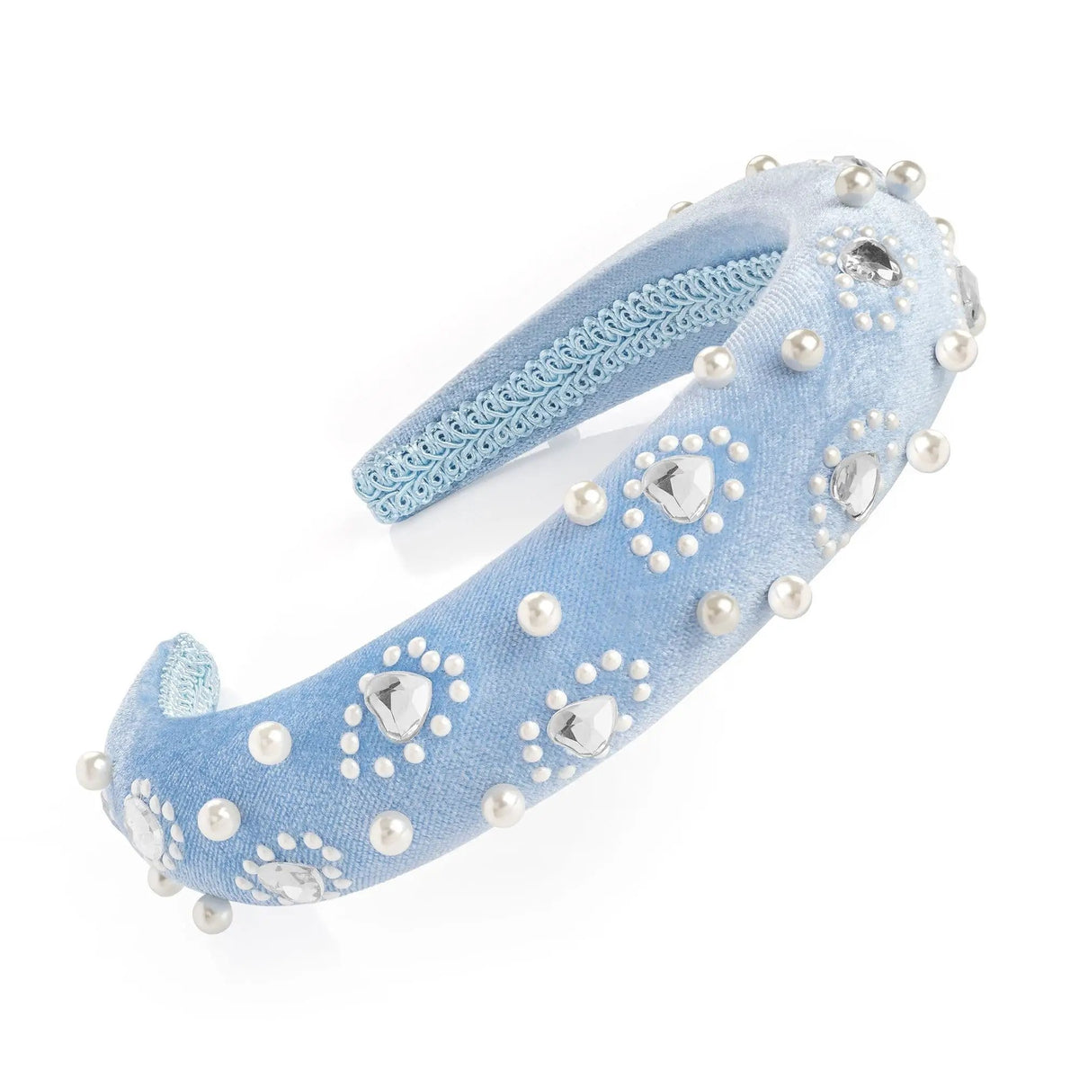 Blue velvet and cream pearl look heart design padded headband. HA33156 by Clarissas Boutique