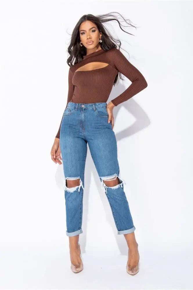 Brown Rib Knit Cut Out Detail Long Sleeve Turtle Neck Bodysuit by Clarissas Boutique